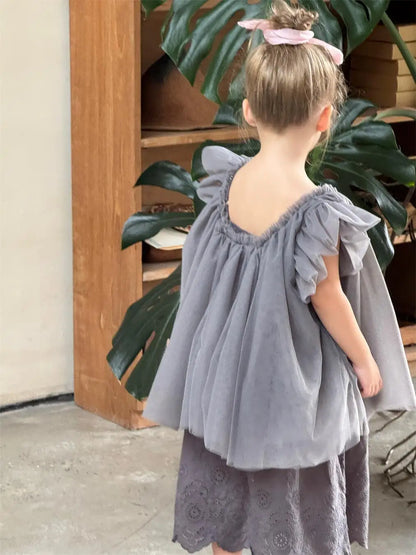 半袖シャツ・ブラウス キッズトップス チュールメッシュバタフライスリーブボリュームチュニックブラウス【mh0008897】