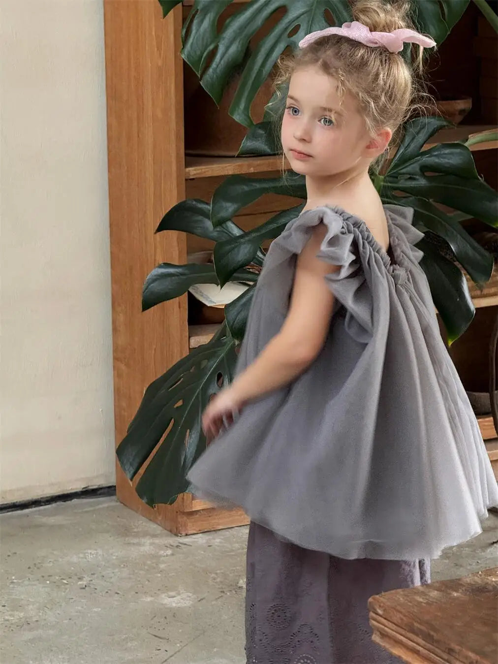 半袖シャツ・ブラウス キッズトップス チュールメッシュバタフライスリーブボリュームチュニックブラウス【mh0008897】