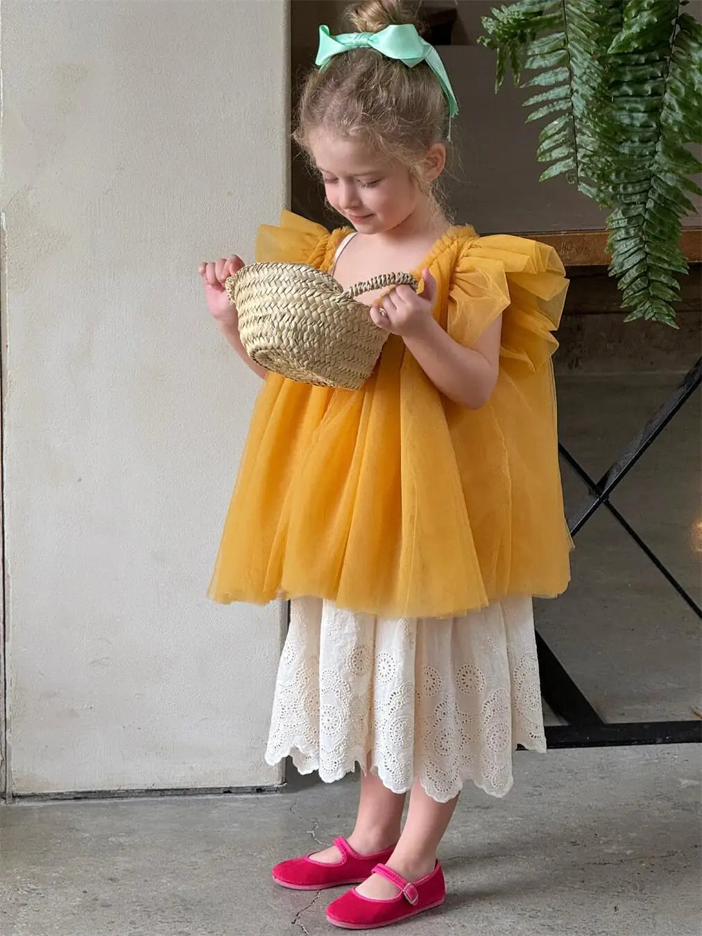 半袖シャツ・ブラウス キッズトップス チュールメッシュバタフライスリーブボリュームチュニックブラウス【mh0008897】