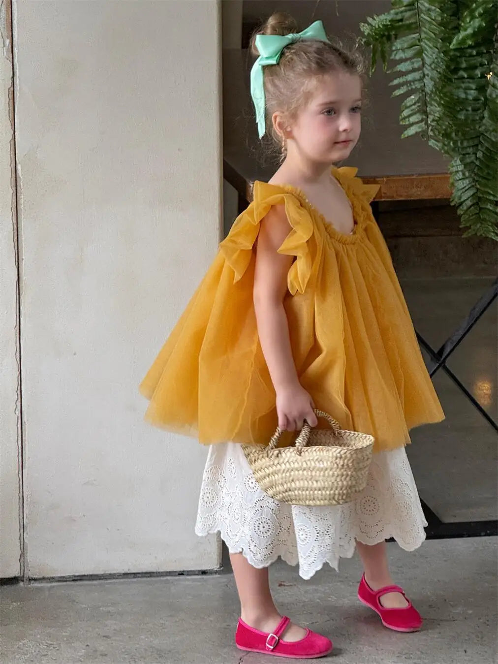 半袖シャツ・ブラウス キッズトップス チュールメッシュバタフライスリーブボリュームチュニックブラウス【mh0008897】