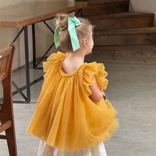 半袖シャツ・ブラウス キッズトップス チュールメッシュバタフライスリーブボリュームチュニックブラウス【mh0008897】