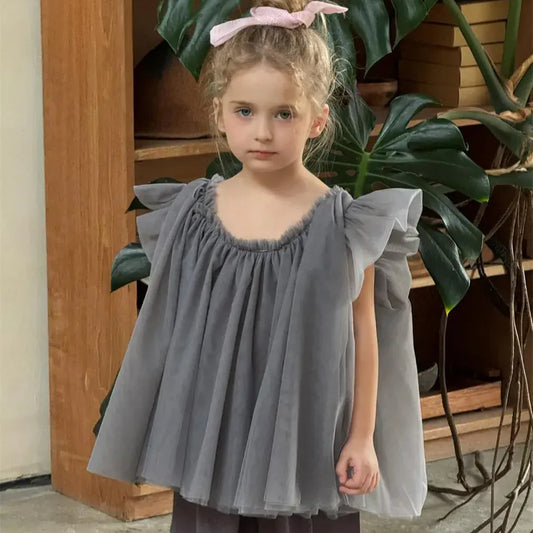 半袖シャツ・ブラウス キッズトップス チュールメッシュバタフライスリーブボリュームチュニックブラウス【mh0008897】