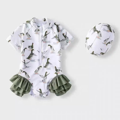 ベビー用水着 キッズ水着 ダックあひる/キツネプリント ガールズ半袖スイムウェア 帽子セット【mh0009081】