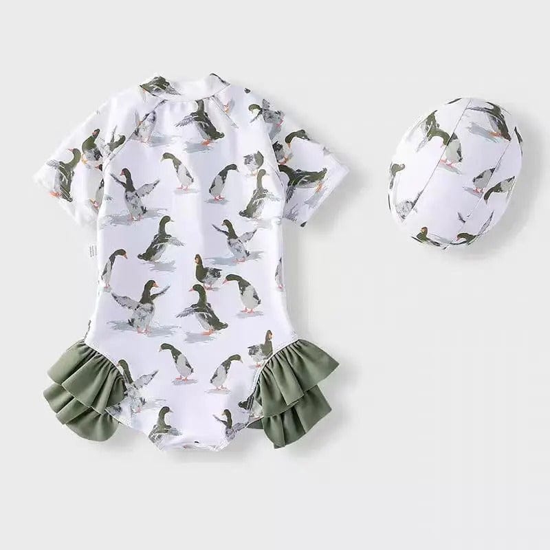 ベビー用水着 キッズ水着 ダックあひる/キツネプリント ガールズ半袖スイムウェア 帽子セット【mh0009081】