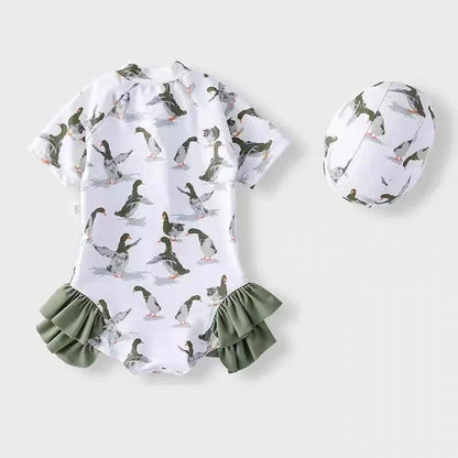 ベビー用水着 キッズ水着 ダックあひる/キツネプリント ガールズ半袖スイムウェア 帽子セット【mh0009081】