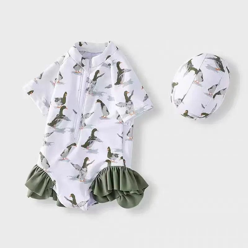 ベビー用水着 キッズ水着 ダックあひる/キツネプリント ガールズ半袖スイムウェア 帽子セット【mh0009081】