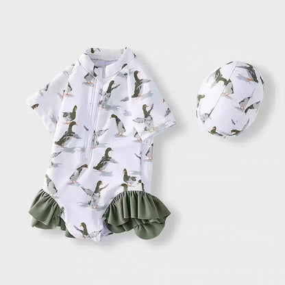 ベビー用水着 キッズ水着 ダックあひる/キツネプリント ガールズ半袖スイムウェア 帽子セット【mh0009081】