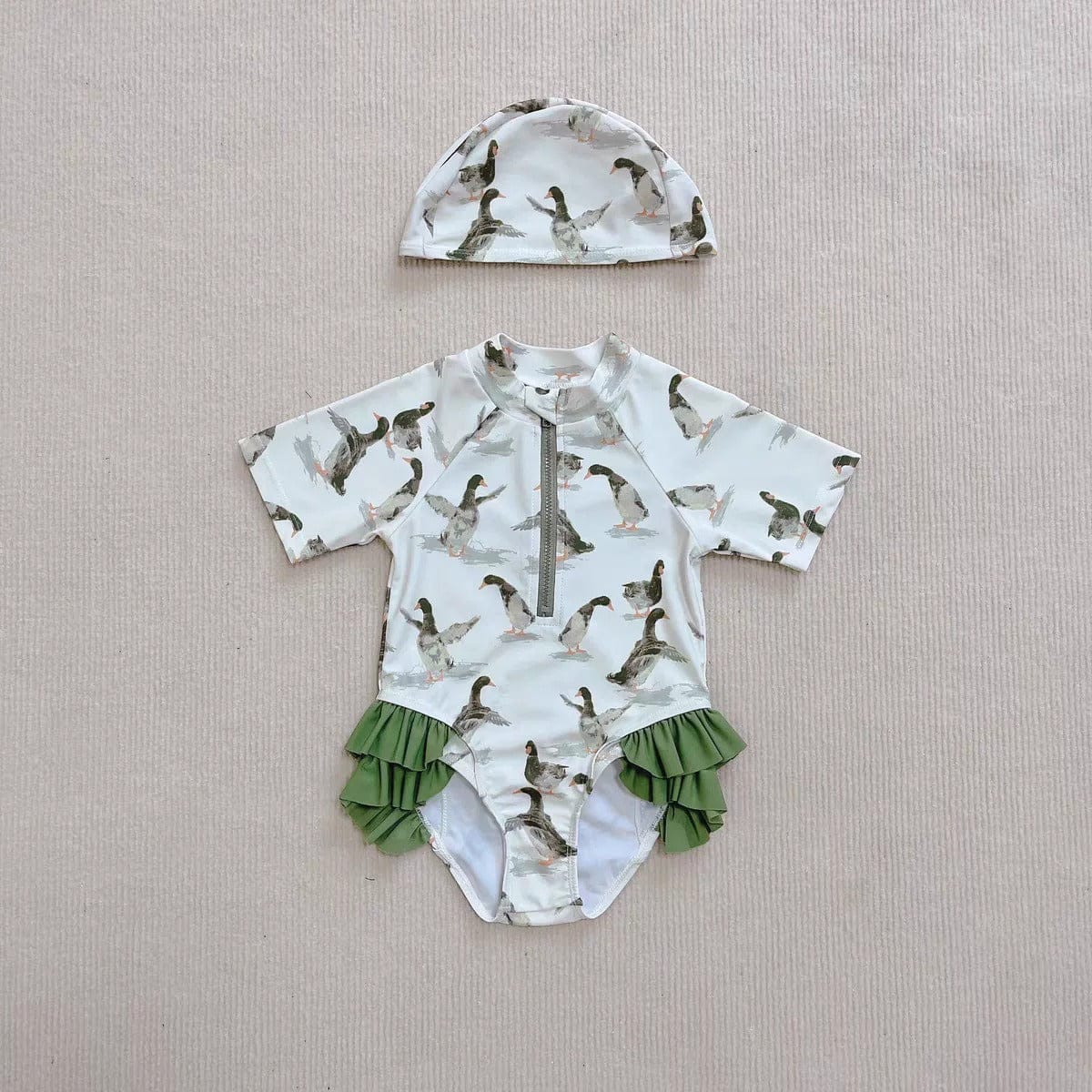 ベビー用水着 キッズ水着 ダックあひる/キツネプリント ガールズ半袖スイムウェア 帽子セット【mh0009081】