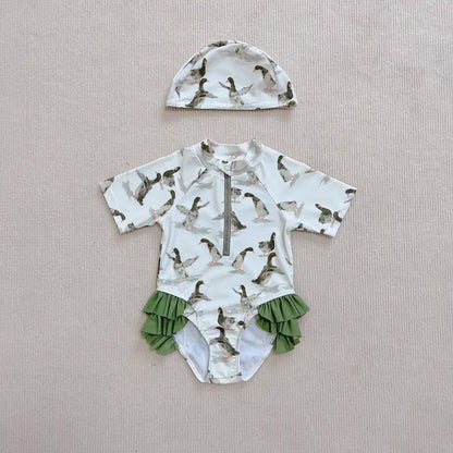ベビー用水着 キッズ水着 ダックあひる/キツネプリント ガールズ半袖スイムウェア 帽子セット【mh0009081】