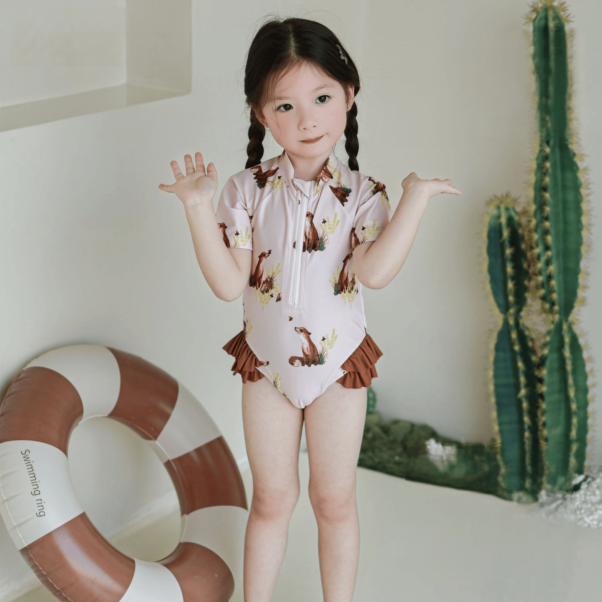 ベビー用水着 キッズ水着 ダックあひる/キツネプリント ガールズ半袖スイムウェア 帽子セット【mh0009081】