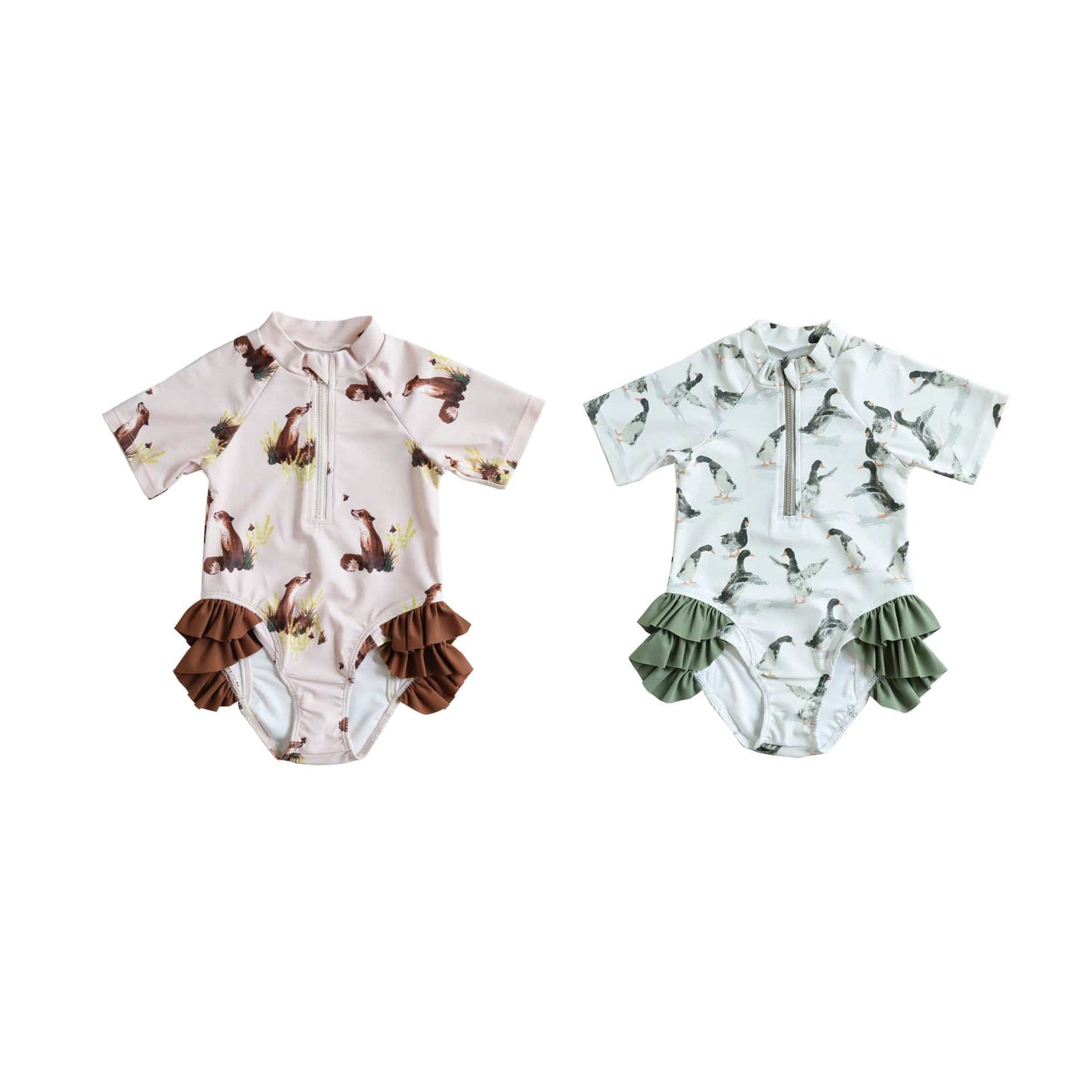 ベビー用水着 キッズ水着 ダックあひる/キツネプリント ガールズ半袖スイムウェア 帽子セット【mh0009081】