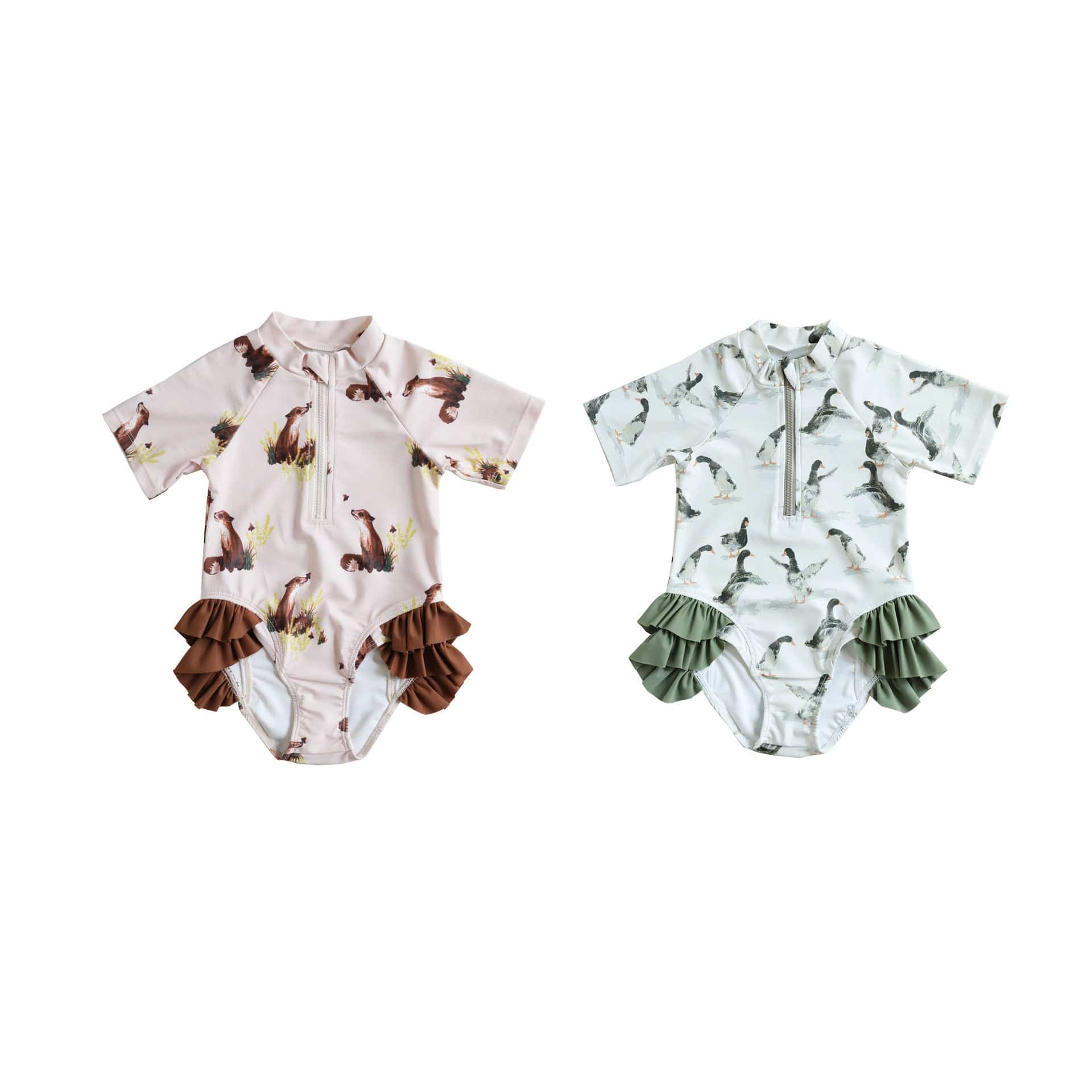 ベビー用水着 キッズ水着 ダックあひる/キツネプリント ガールズ半袖スイムウェア 帽子セット【mh0009081】