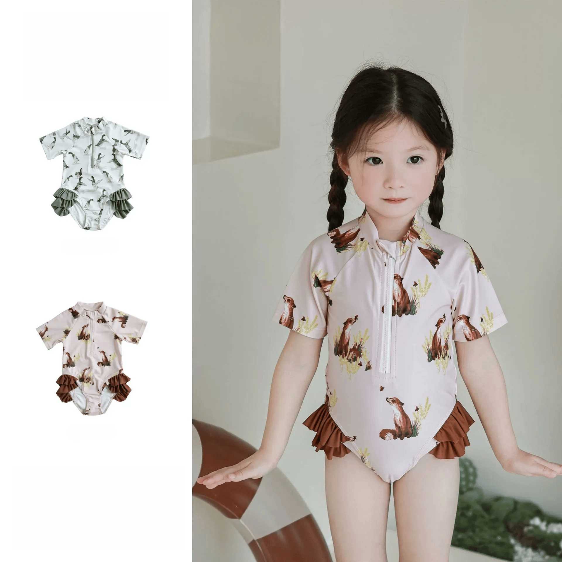 ベビー用水着 キッズ水着 ダックあひる/キツネプリント ガールズ半袖スイムウェア 帽子セット【mh0009081】