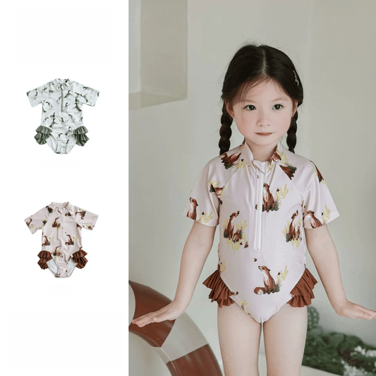 ベビー用水着 キッズ水着 ダックあひる/キツネプリント ガールズ半袖スイムウェア 帽子セット【mh0009081】