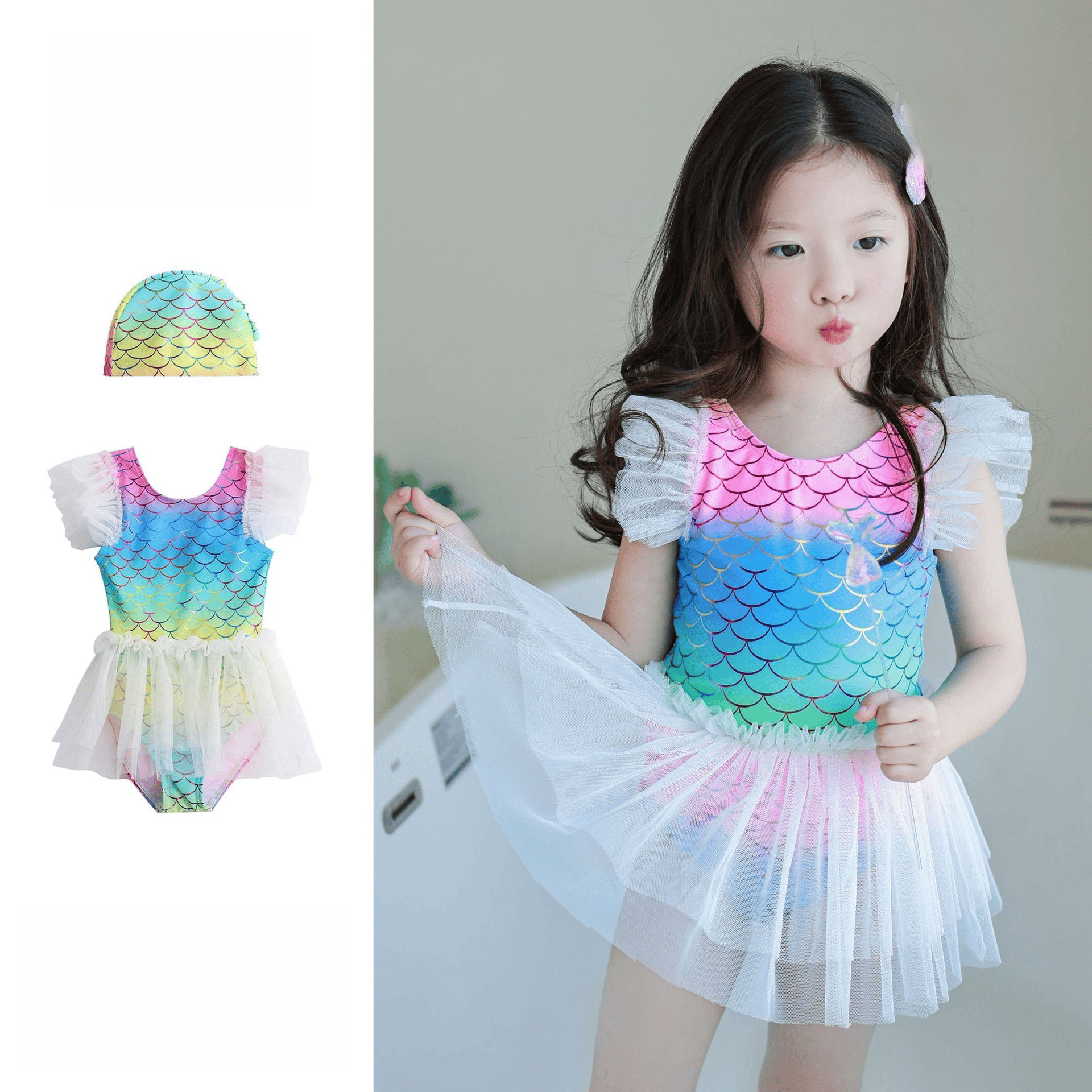 ベビー用水着 キッズ水着 マーメイド人魚姫フリルワンピーススイムウェア 帽子セット【mh0009082】