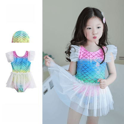 ベビー用水着 キッズ水着 マーメイド人魚姫フリルワンピーススイムウェア 帽子セット【mh0009082】