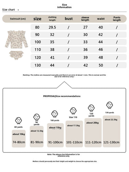 ベビー用水着 キッズ水着 ガールズ長袖セパレートフリルスイムウェア チェリー/フラワー 帽子セット【mh0009084】