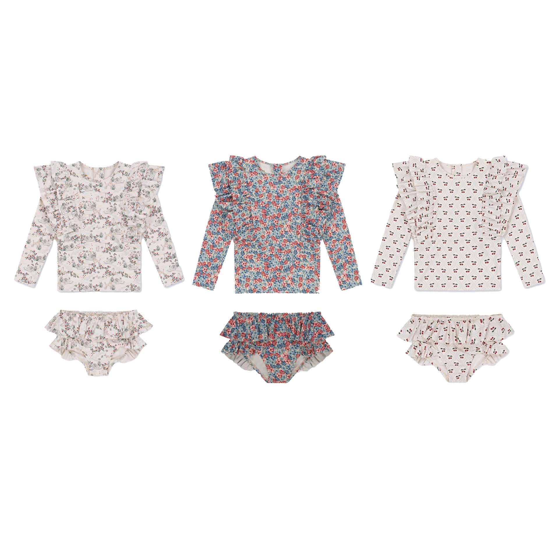 ベビー用水着 キッズ水着 ガールズ長袖セパレートフリルスイムウェア チェリー/フラワー 帽子セット【mh0009084】