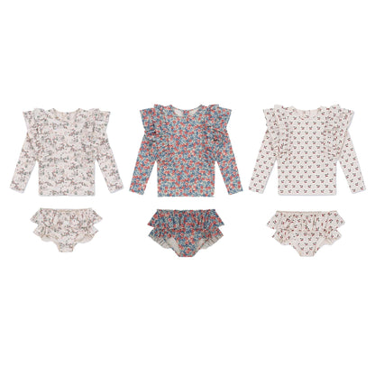 ベビー用水着 キッズ水着 ガールズ長袖セパレートフリルスイムウェア チェリー/フラワー 帽子セット【mh0009084】