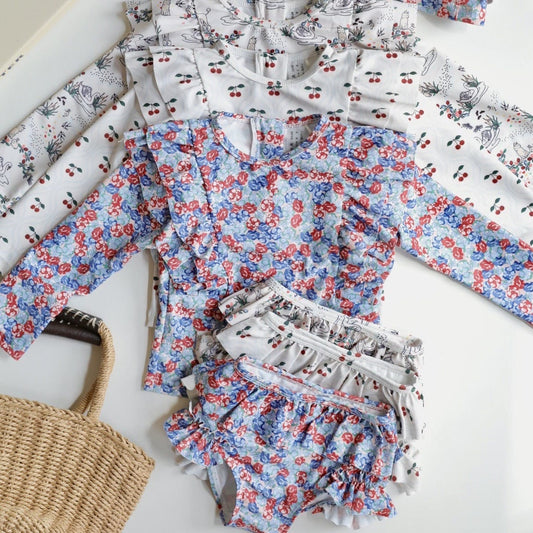 ベビー用水着 キッズ水着 ガールズ長袖セパレートフリルスイムウェア チェリー/フラワー 帽子セット【mh0009084】