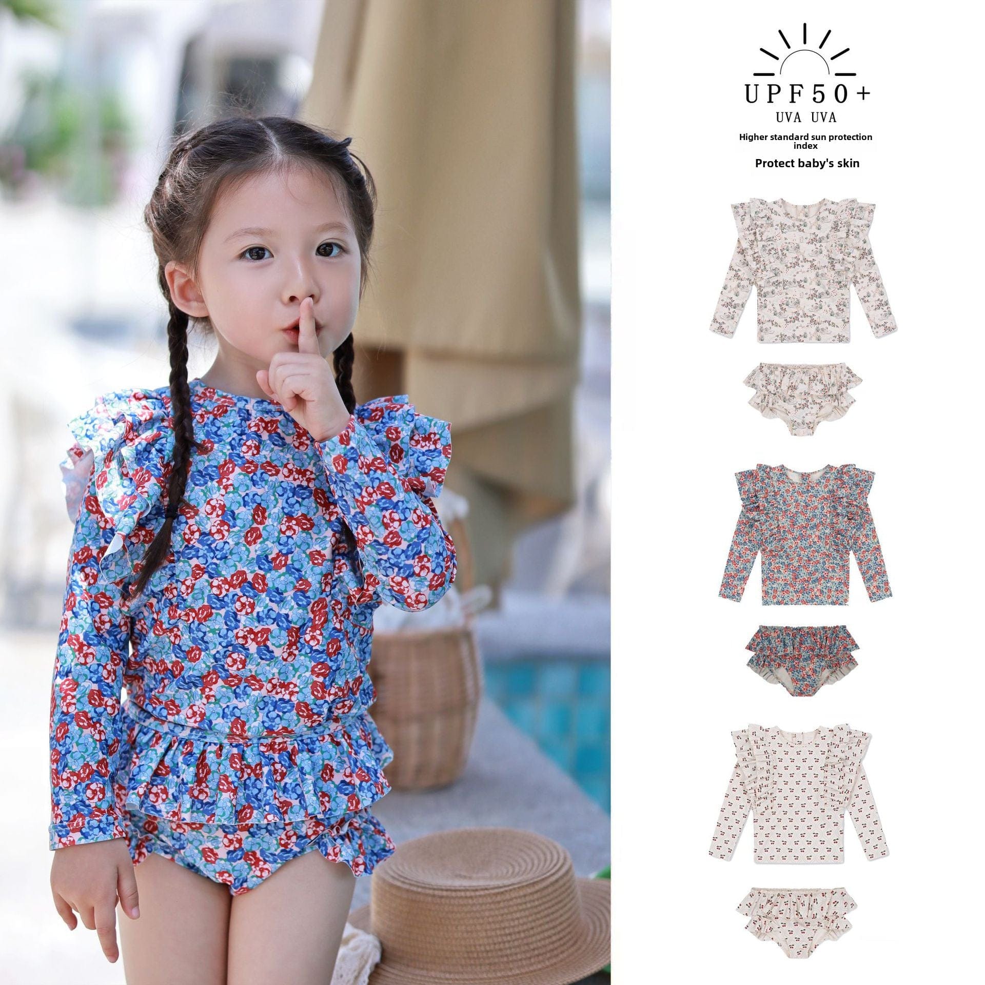 ベビー用水着 キッズ水着 ガールズ長袖セパレートフリルスイムウェア チェリー/フラワー 帽子セット【mh0009084】
