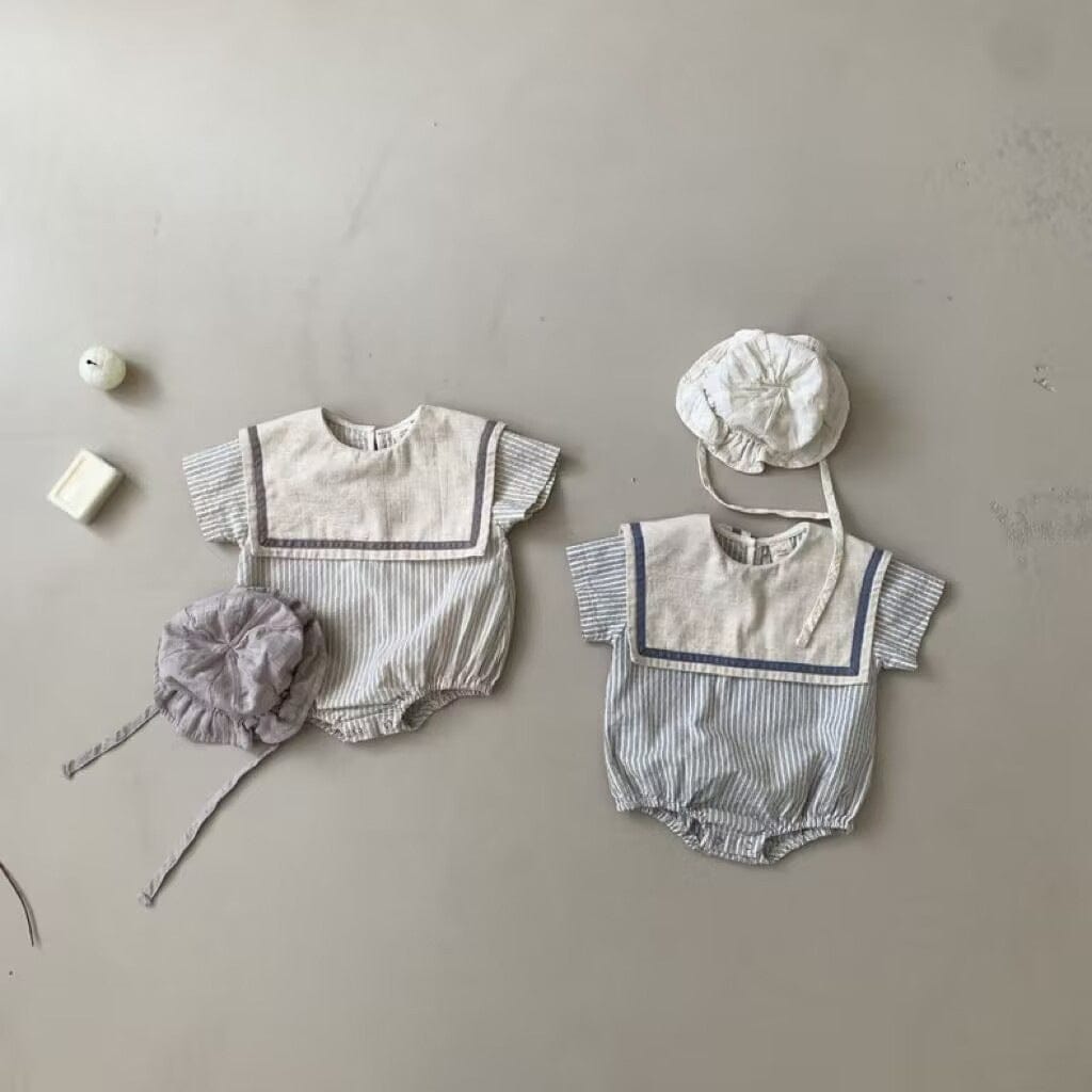 半袖ロンパース ベビーロンパース ストライプセーラーカラー半袖ボディスーツ【mh0009153】