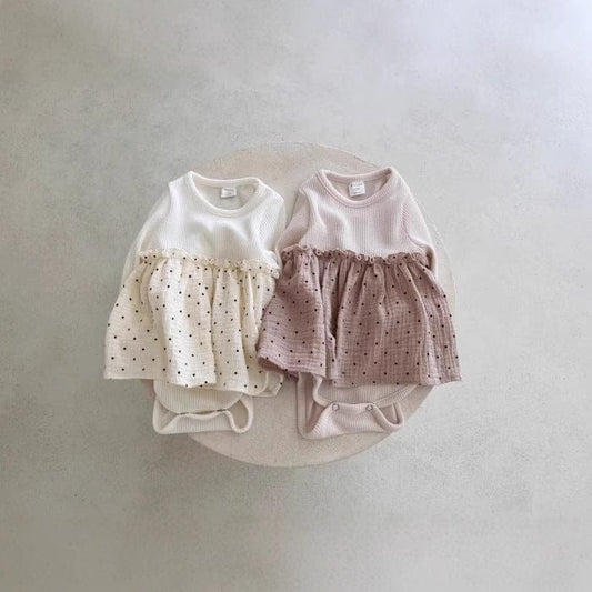 長袖ロンパース ベビーロンパース 水玉スカートドッキング長袖ボディスーツ【mh0009173】