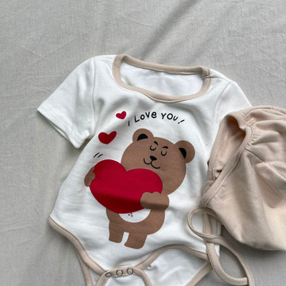 半袖ロンパース ベビーロンパース+帽子セット ハートベアくまプリント半袖ボディスーツ+ハートアップリケボンネット帽子【mh0009181】