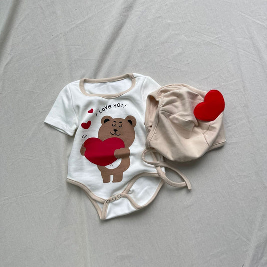 半袖ロンパース ベビーロンパース+帽子セット ハートベアくまプリント半袖ボディスーツ+ハートアップリケボンネット帽子【mh0009181】