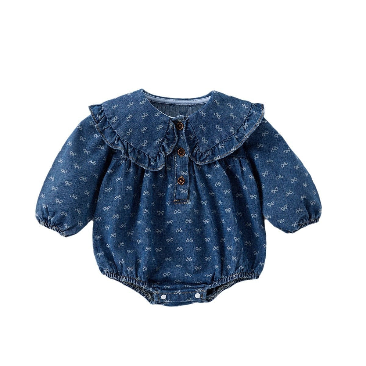 長袖ロンパース ベビーロンパース/ワンピース リボンプリントフリル襟デニム長袖ボディスーツ/ワンピース【mh0009183】