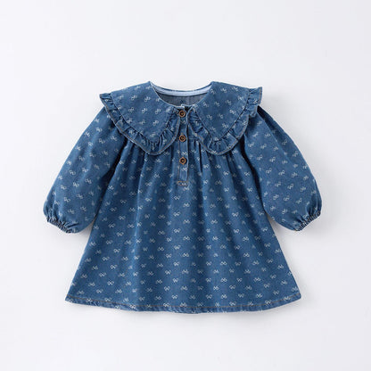 長袖ロンパース ベビーロンパース/ワンピース リボンプリントフリル襟デニム長袖ボディスーツ/ワンピース【mh0009183】