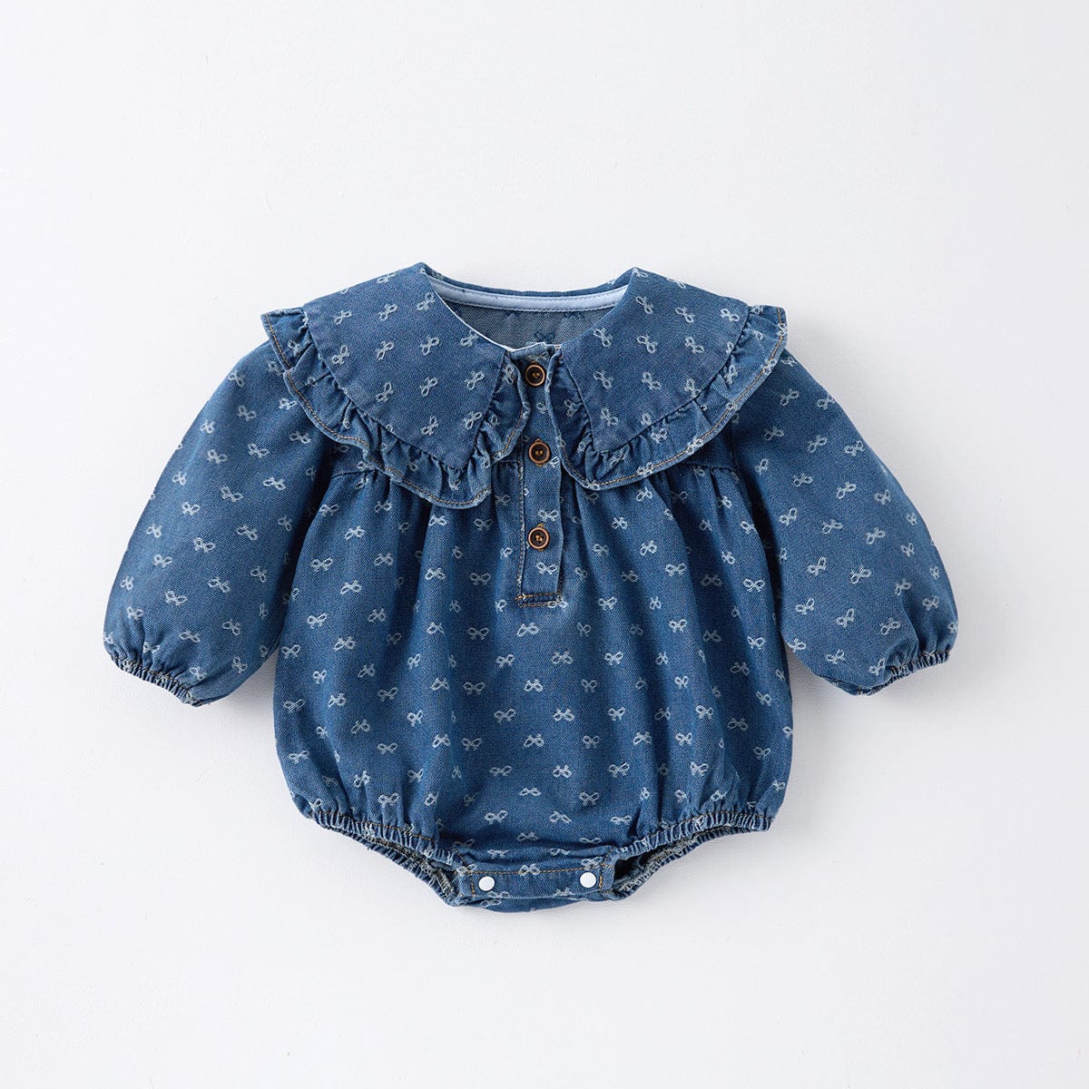 長袖ロンパース ベビーロンパース/ワンピース リボンプリントフリル襟デニム長袖ボディスーツ/ワンピース【mh0009183】
