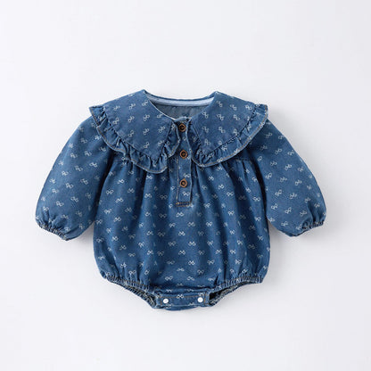 長袖ロンパース ベビーロンパース/ワンピース リボンプリントフリル襟デニム長袖ボディスーツ/ワンピース【mh0009183】