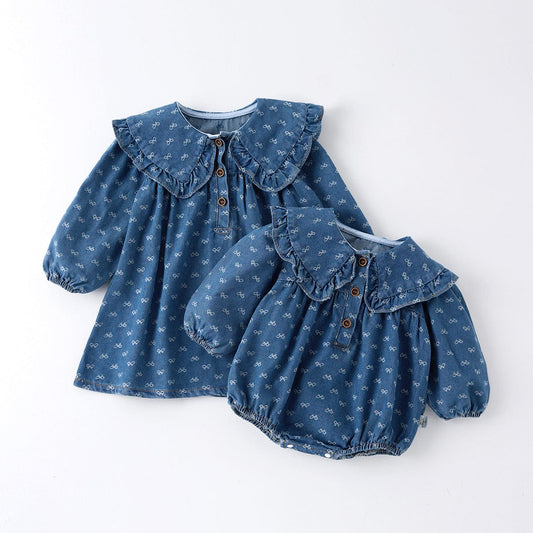 長袖ロンパース ベビーロンパース/ワンピース リボンプリントフリル襟デニム長袖ボディスーツ/ワンピース【mh0009183】