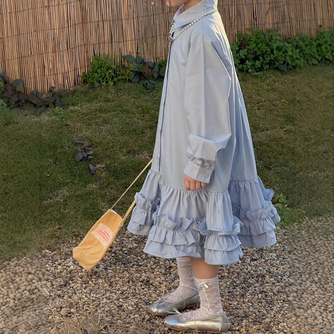 長袖ワンピース キッズワンピース 襟付き裾フリル長袖シャツワンピース【mh0009190】