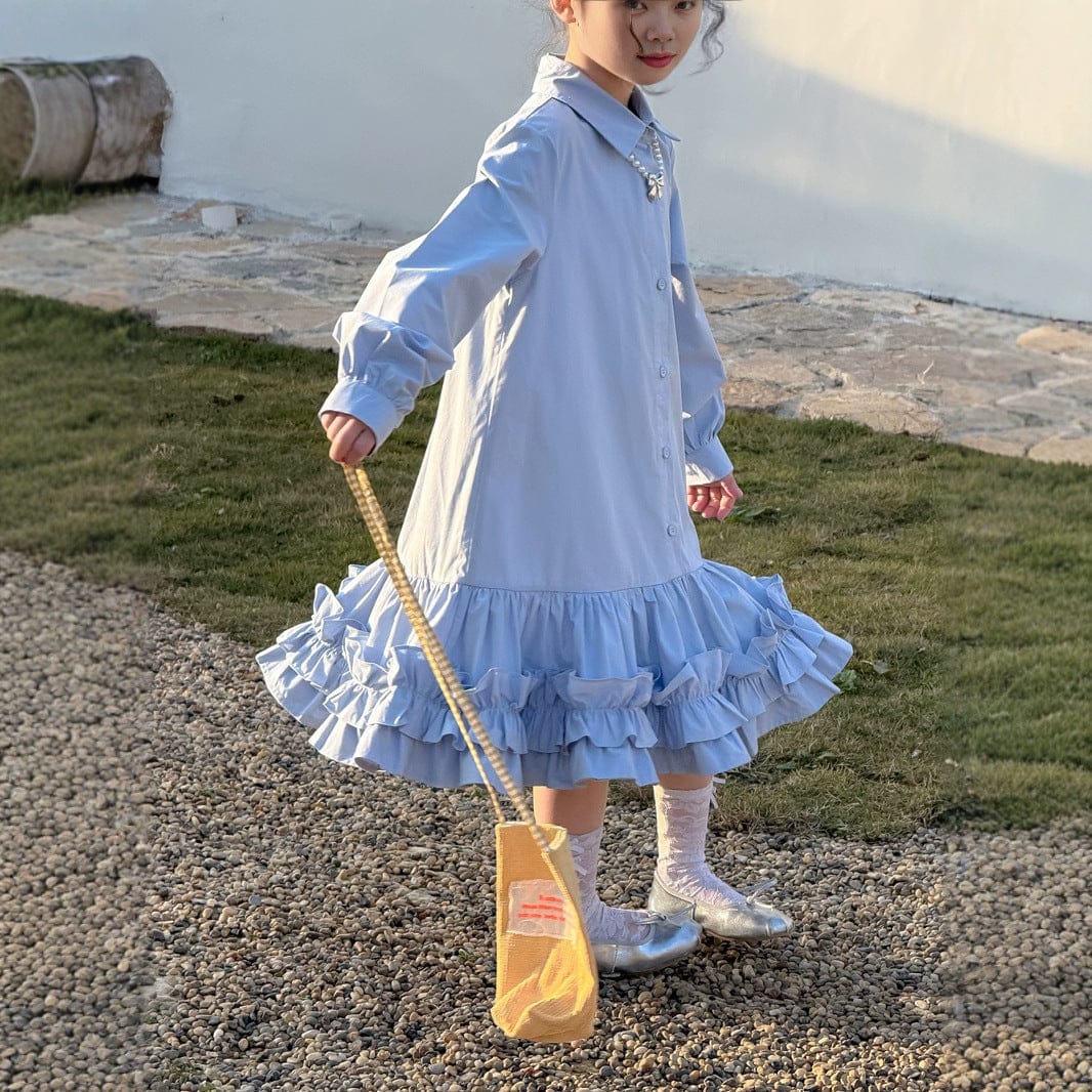 長袖ワンピース キッズワンピース 襟付き裾フリル長袖シャツワンピース【mh0009190】