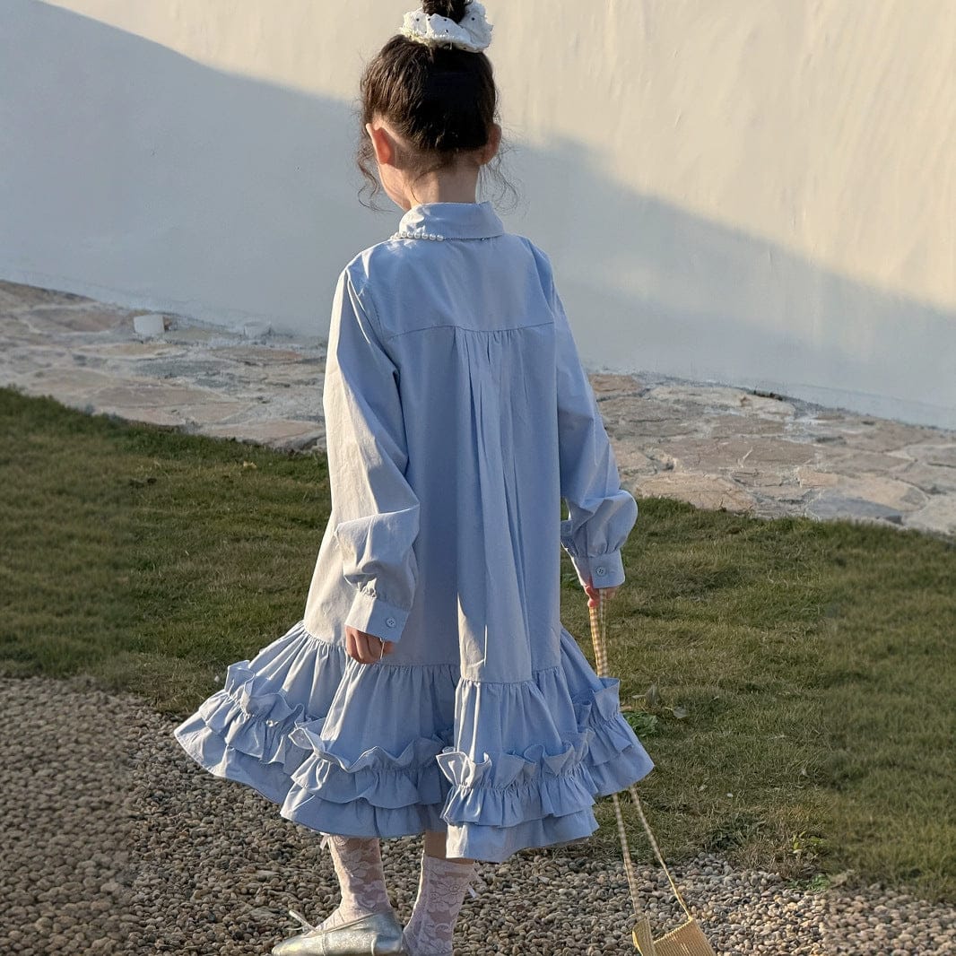 長袖ワンピース キッズワンピース 襟付き裾フリル長袖シャツワンピース【mh0009190】