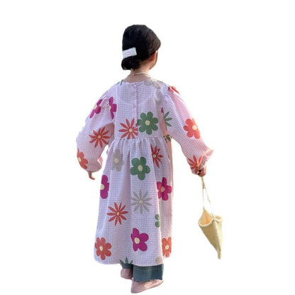 長袖ワンピース キッズワンピース カラフルレトロフラワープリント長袖ルーズワンピース【mh0009191】
