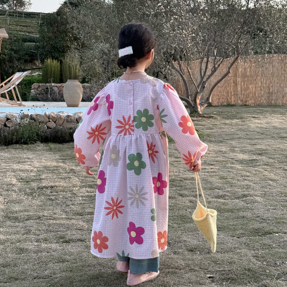 長袖ワンピース キッズワンピース カラフルレトロフラワープリント長袖ルーズワンピース【mh0009191】