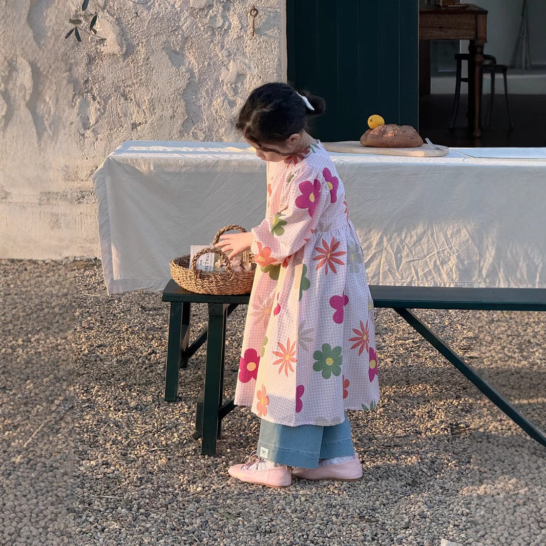 長袖ワンピース キッズワンピース カラフルレトロフラワープリント長袖ルーズワンピース【mh0009191】