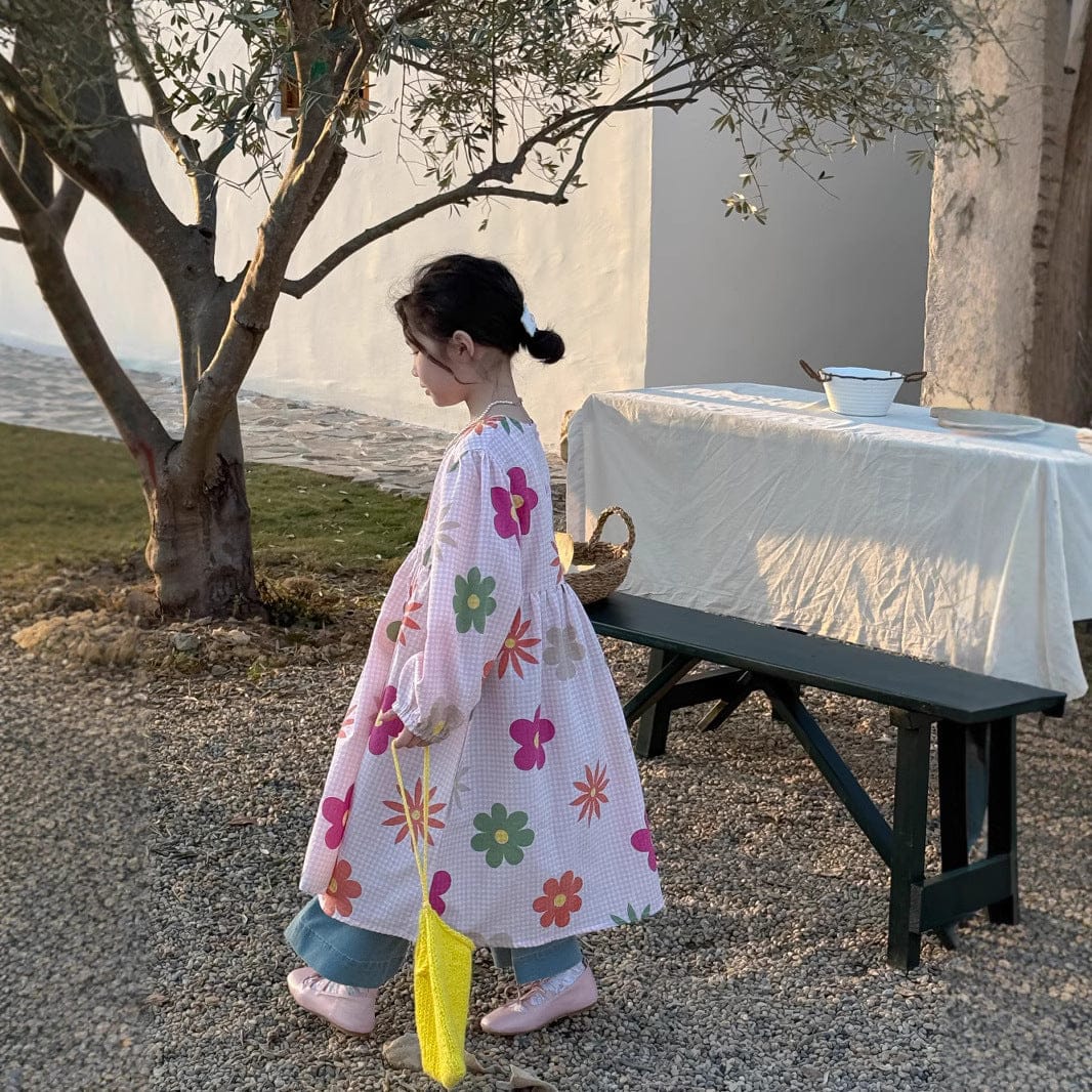 長袖ワンピース キッズワンピース カラフルレトロフラワープリント長袖ルーズワンピース【mh0009191】