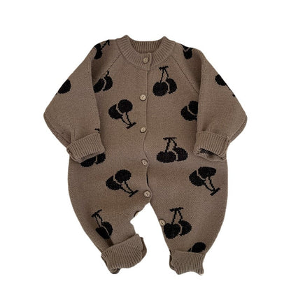 長袖ロンパース ベビージャンプスーツ チェリー刺繍ニット長袖ロンパース【mh0009196】