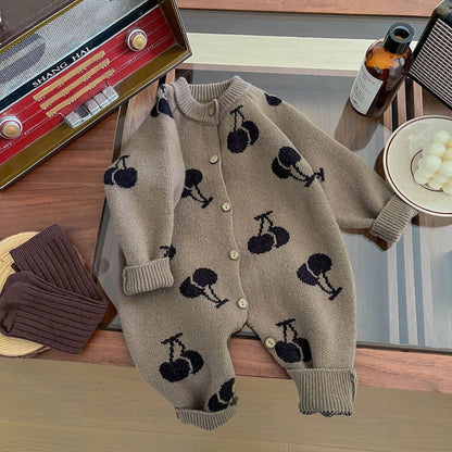 長袖ロンパース ベビージャンプスーツ チェリー刺繍ニット長袖ロンパース【mh0009196】