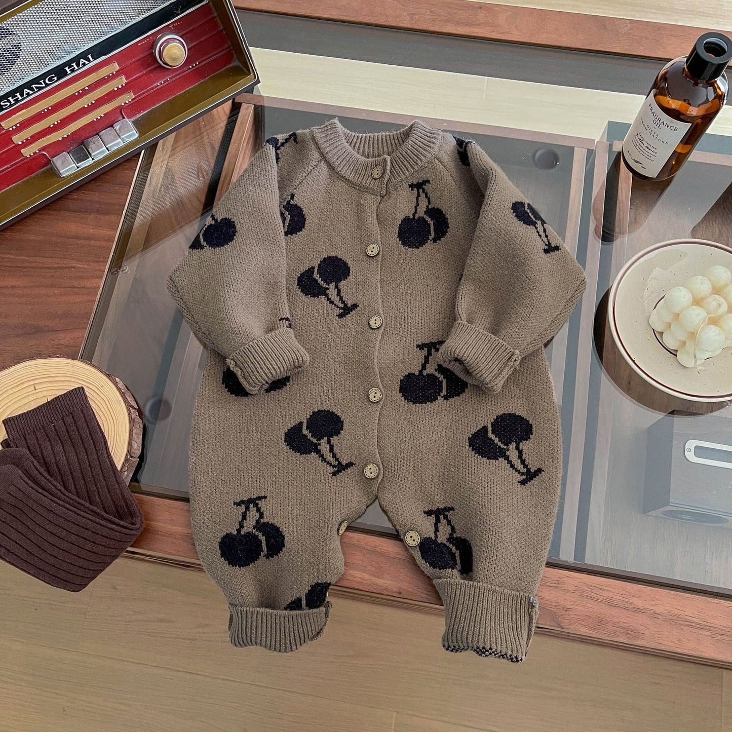 長袖ロンパース ベビージャンプスーツ チェリー刺繍ニット長袖ロンパース【mh0009196】