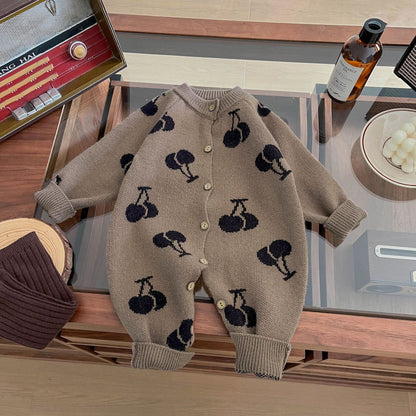 長袖ロンパース ベビージャンプスーツ チェリー刺繍ニット長袖ロンパース【mh0009196】