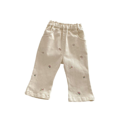 長袖セットアップ キッズパンツ フラワー刺繍ホワイトデニムロングパンツジーンズ【mh0009199】