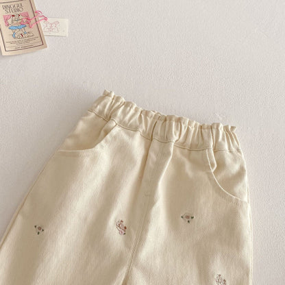 長袖セットアップ キッズパンツ フラワー刺繍ホワイトデニムロングパンツジーンズ【mh0009199】