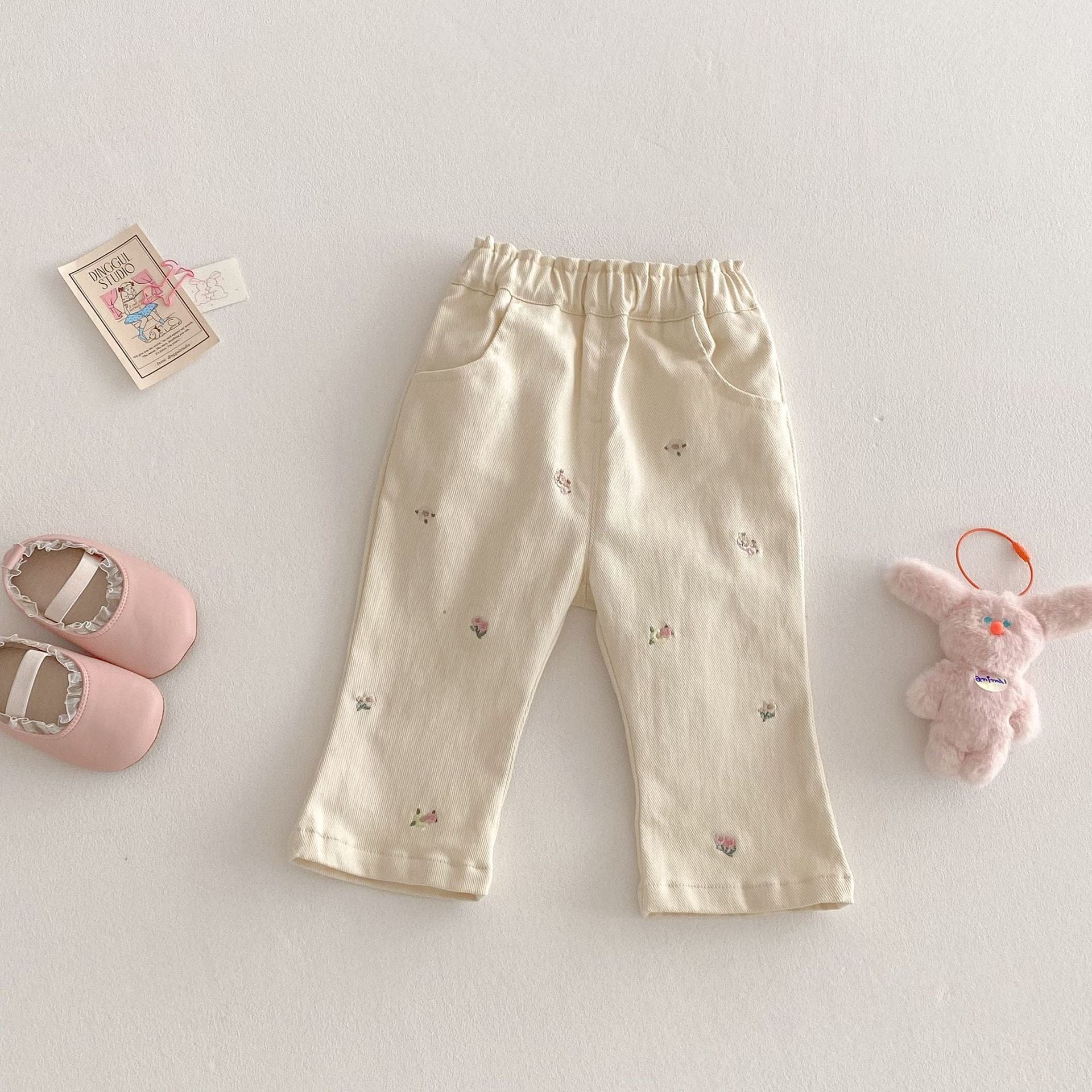 長袖セットアップ キッズパンツ フラワー刺繍ホワイトデニムロングパンツジーンズ【mh0009199】