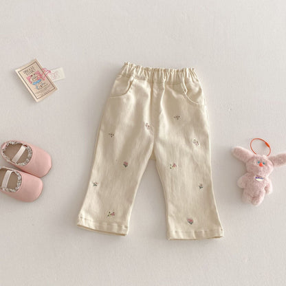 長袖セットアップ キッズパンツ フラワー刺繍ホワイトデニムロングパンツジーンズ【mh0009199】