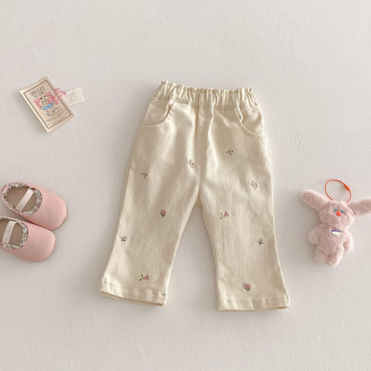 長袖セットアップ キッズパンツ フラワー刺繍ホワイトデニムロングパンツジーンズ【mh0009199】